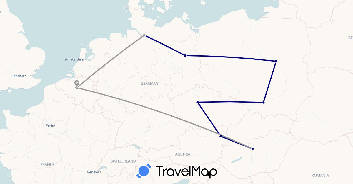TravelMap itinerary: driving, plane in Austria, Belgium, Czech Republic, Germany, Hungary, Poland (Europe)